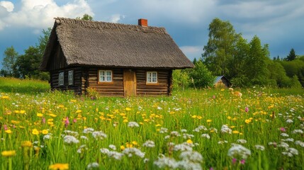 Rustic wooden cabin in vibrant wildflowers meadow.