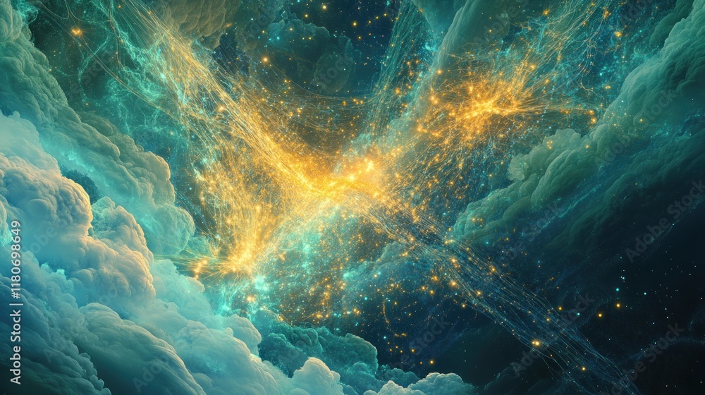 Poster abstract cosmic nebula with glowing energy streams and ethereal clouds.