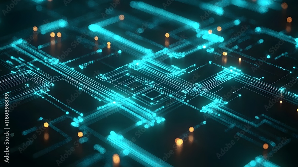 Poster glowing geometric circuits in shimmering blue and green tones creating a visually captivating backdr
