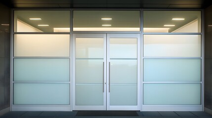 A modern entry door with large frosted glass sections and a sleek white frame.
