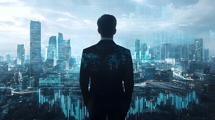 Digital Currency Trends Overlaid on Businessman s Shadow in Futuristic City Skyline   Concept of Financial Technology Investment Strategy and Corporate Leadership in a Modern Urban Environment