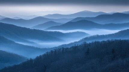 Foggy mountain range in muted gray, atmospheric and moody 