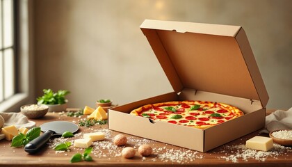 Open pizza box mockup with fresh ingredients
