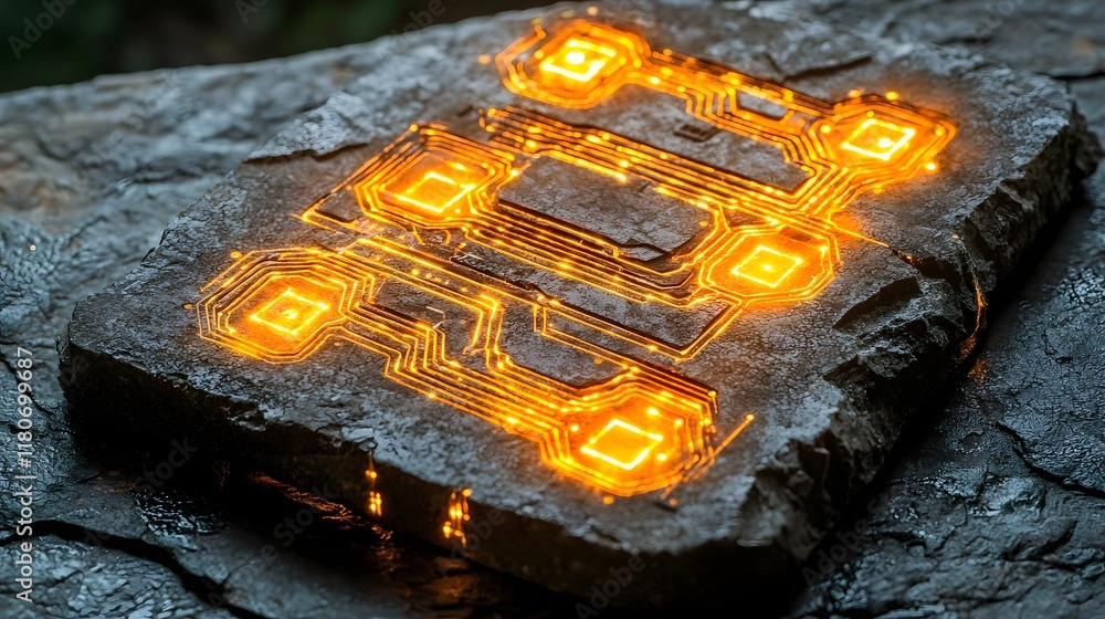 Poster glowing high tech circuits and digital patterns on a dark textured surface creating a futuristic tec