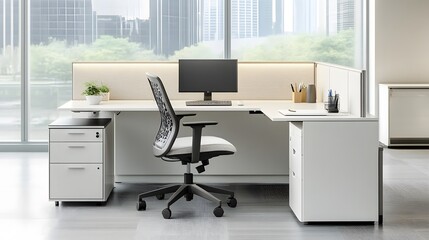 empty office with a large white desk, an ergonomic chair, and a few decorative items