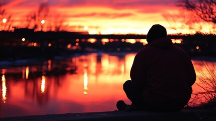 Fototapeta premium Silhouetted person sits by river, watching vibrant sunset.