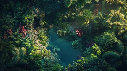 Lush tropical jungle scene with a hidden pond.