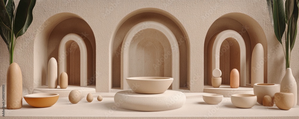 Aufkleber a minimalist display featuring sculptural forms and natural elements in a serene setting.