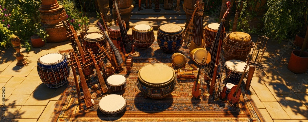 Poster a vibrant display of various traditional musical instruments arranged on a patterned rug.