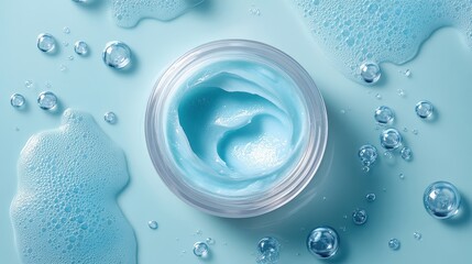 A jar of light blue cream sits amidst water bubbles on a pastel blue background. Perfect for skincare, beauty, or cosmetic product advertising.