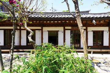 Beautiful traditional Korean wooden architecture, showcasing the elegance of Hanok style buildings.