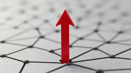 Fototapeta premium A red arrow points upward from a network of interconnected dots, symbolizing growth, progress, or direction in a digital or abstract space.
