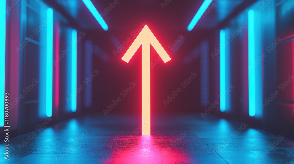 Poster a vibrant neon arrow points forward in a futuristic corridor, illuminated by blue and pink lights, c