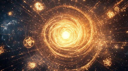 Glowing spiral energy vortex with symbols.