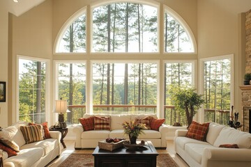 Cozy Living Room with Large Windows Overlooking Scenic forest