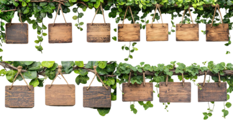 Wooden signboards hanging on lush green branches with vibrant leaves