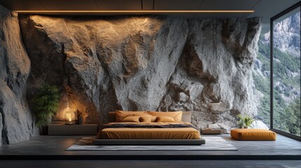 Modern Bedroom Decor with Rocky Wall and Scenic Outdoor View