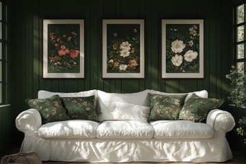 Cozy Living Room with Green Walls and Floral Decorated Sofa