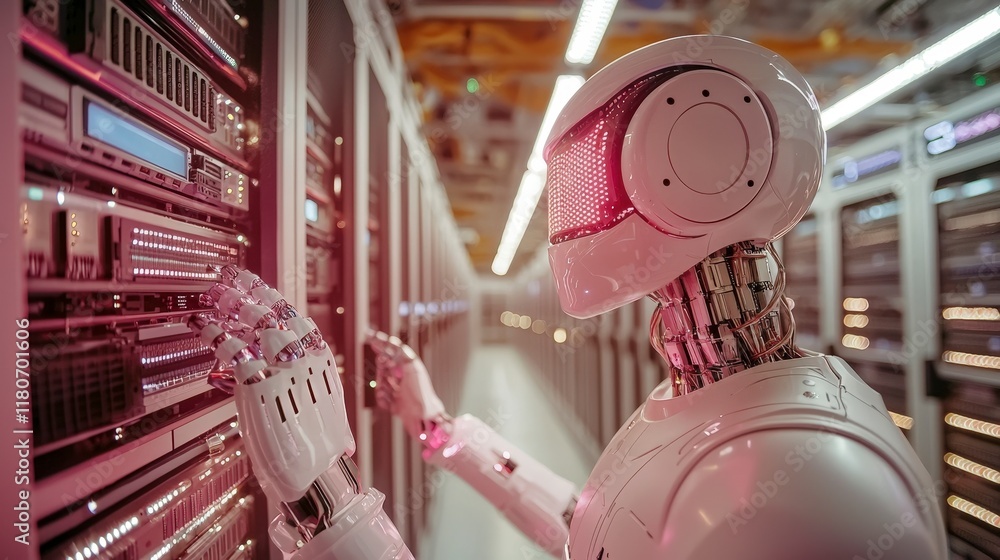Poster ai robot in data center futuristic server room technology