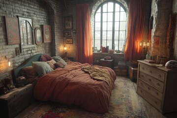 Cozy Industrial Bedroom with Warm Lighting and Elegant Decor