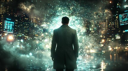 A figure stands in awe, gazing at a vibrant, glowing cityscape filled with colorful lights and a mysterious, ethereal atmosphere.