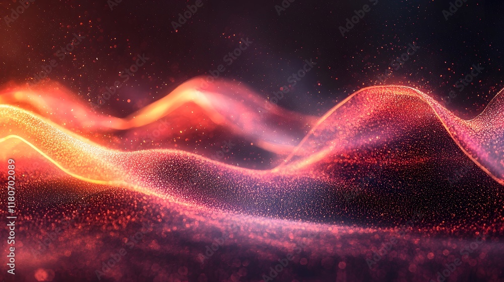 Poster mesmerizing digital artwork featuring dynamic glowing arcs undulating waves and swirling particles o