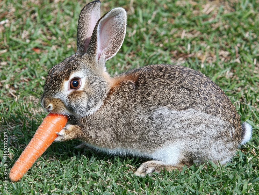 Poster a rabbit nibbling on a carrot while sitting on green grass.