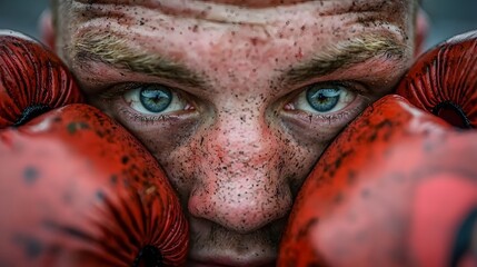 Close up portrait of an intense and determined boxer s glove covered eyes exuding a fierce competitive spirit and unwavering focus as they prepare for a challenging match or bout