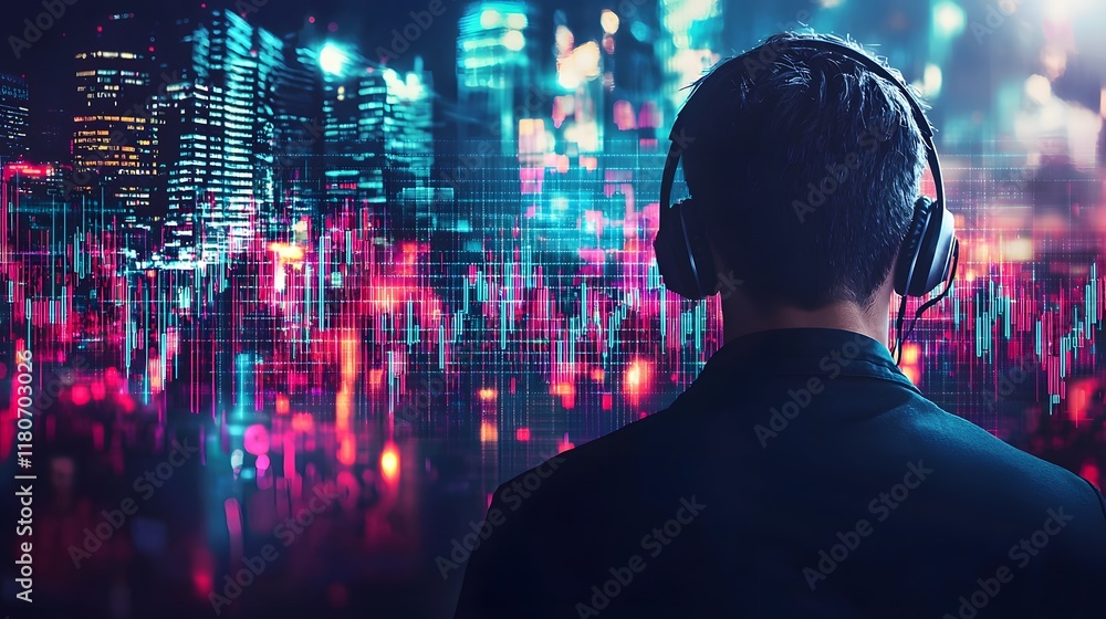 Poster trader wearing headphones surrounded by a data driven market graph and a neon lit futuristic citysca