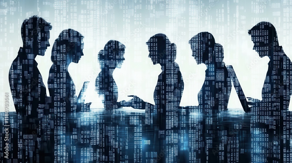 Poster silhouetted figures interact digitally, binary code backdrop. illustrates teamwork, technology, or d