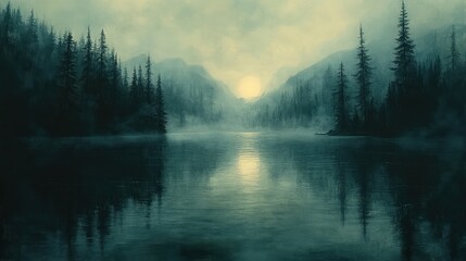 Misty lake, dark trees, serene sunset.