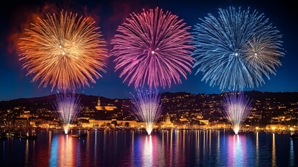 Fototapeta premium Vibrant fireworks display over a city at night, reflected in calm water.