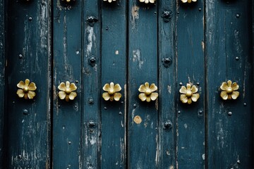 Obraz premium Vintage wooden door with decorative flowers and peeling paint