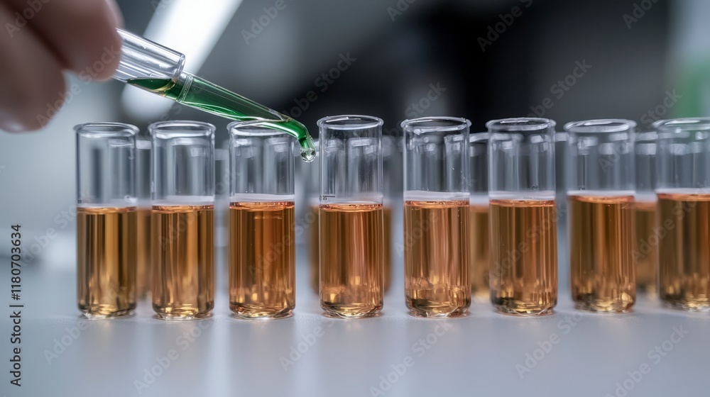 Poster lab scientist using pipette adding liquid to test tubes scientific research experiment