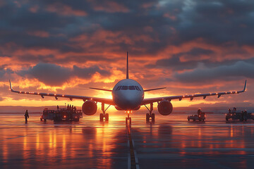 At break of a glorious sunrise, a panoramic view of airport reveals a bustling scene as a passenger plane sits majestically on tarmac