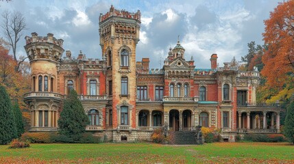 Obraz premium Majestic autumnal castle, sprawling grounds, red brick, turrets, fall foliage.