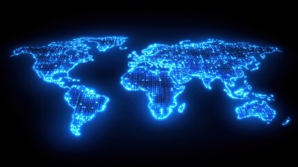 Blue Digital World Map with Network Connections and Dots Display