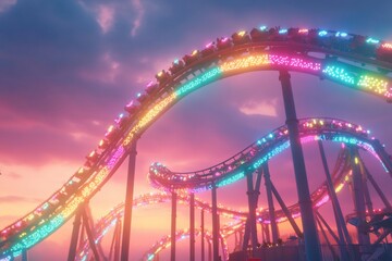Illuminated roller coaster ascending at sunset.