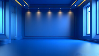 Fototapeta premium Elegant blue room interior design; modern, minimalist, empty space with recessed lighting and classic molding. Perfect for showcasing products or creating a serene backdrop.