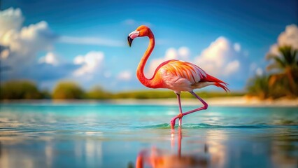 Fototapeta premium A tiny flamingo cools off, a tilt-shift miniature world of pink avian beauty.