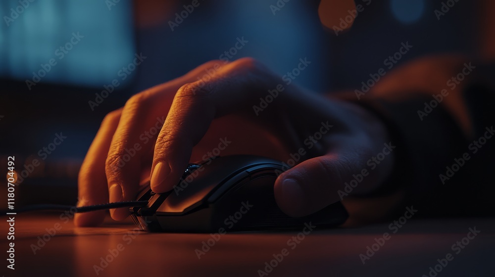 Poster a close-up of a hand gripping a computer mouse in a dimly lit environment, highlighting focus and te
