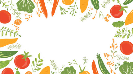 A white background framed by colorful handdrawn vegetables and herbs. Carrots, tomatoes, cucumbers, and leafy greens create a vibrant border.