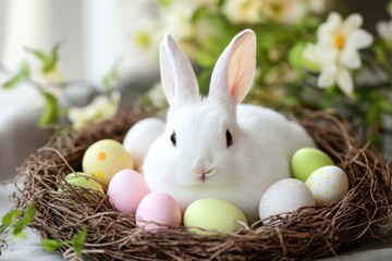 White Rabbit Nesting Among Colorful Easter Eggs in Spring Decor