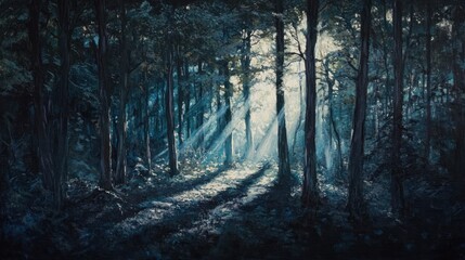 Fototapeta premium Sunbeams illuminating a dark, mysterious forest path.