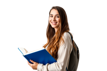 Portrait of a smiling young female student holding books, isolated on transparent background