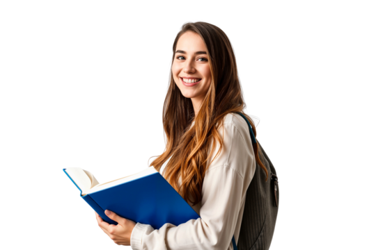 Portrait of a smiling young female student holding books, isolated on transparent background
