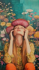 Fototapeta premium Surreal Floral Portrait of a Woman with Mushrooms