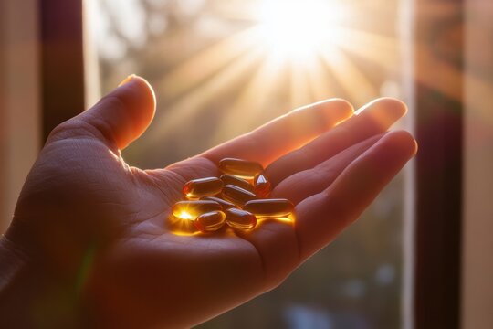 Supplement benefits open hand holding various supplements in a sunlit room close-up shot healthy lifestyle concept wellness environment