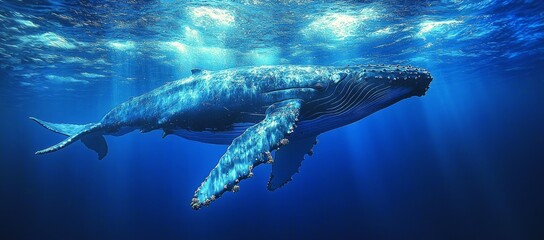 Naklejka premium Majestic humpback whale swimming underwater, sunlit ocean.