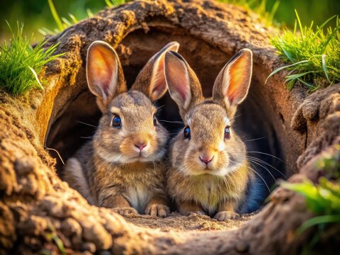 Charming rabbit burrow photography: adorable bunnies nestled in their cozy, architecturally-interesting home.